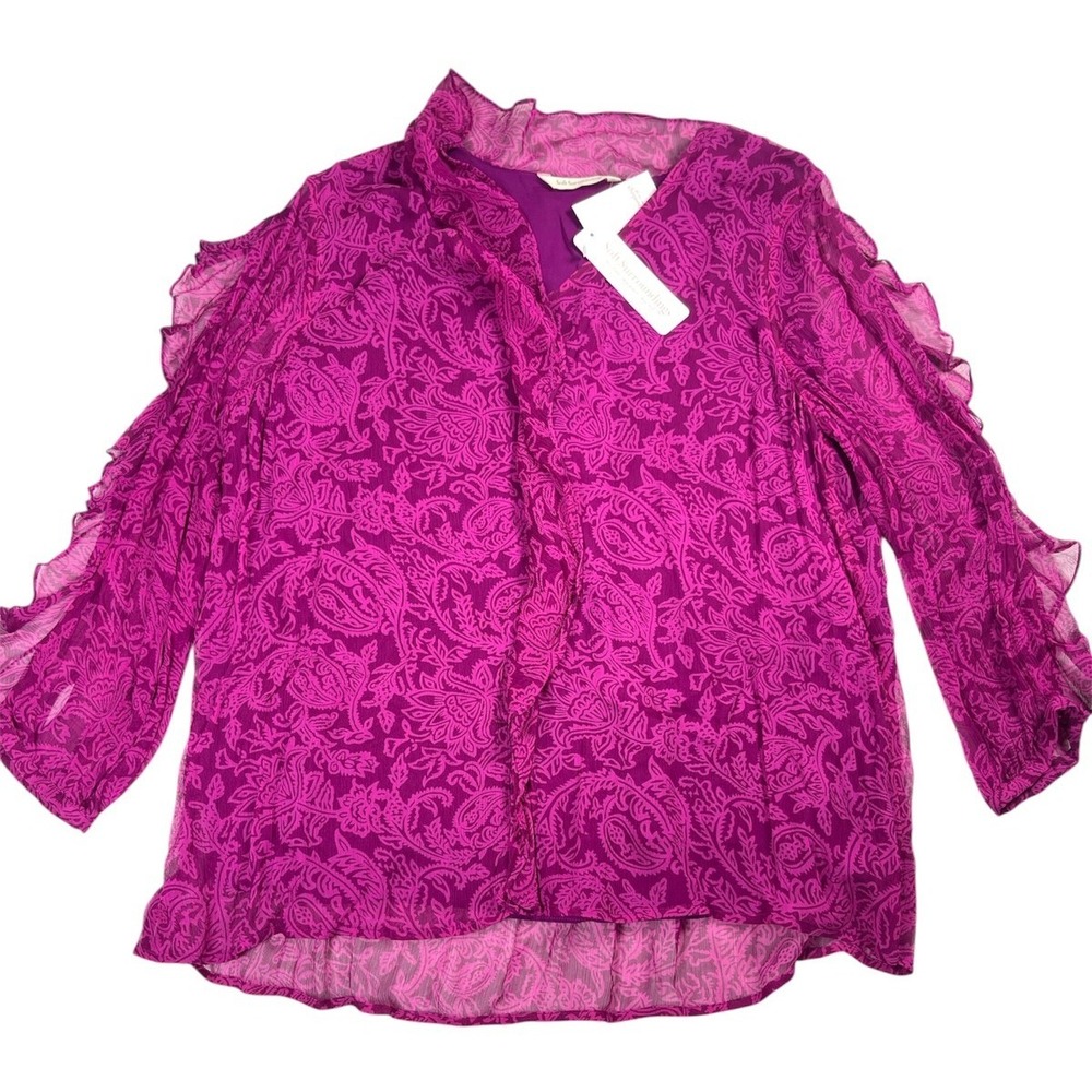 Soft‎ Surroundings Cadenza Blouse Women's Large Fuchsia Paisley Ruffle Sleeve